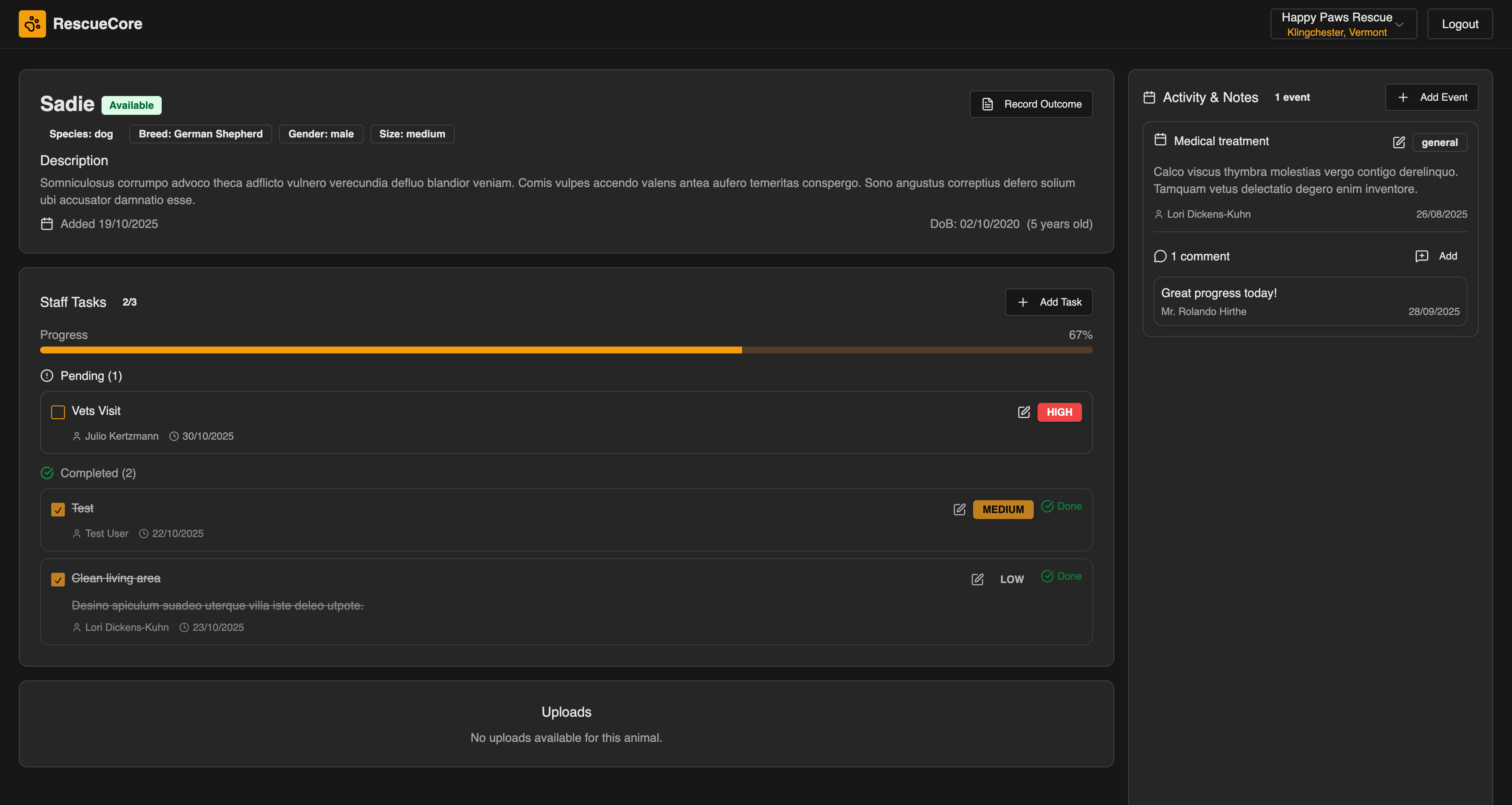 Animal profile management interface